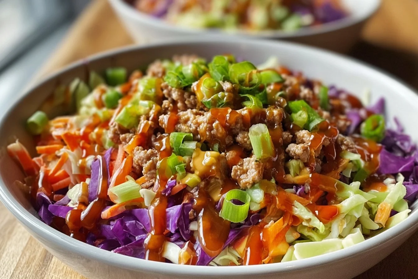 High Protein Egg Roll in a Bowl with vibrant vegetables and seasonings