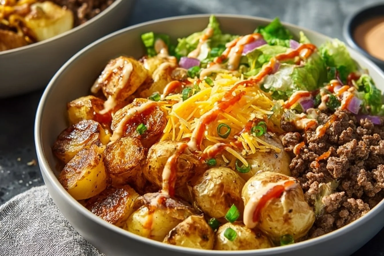 High protein smash burger bowl with fresh ingredients and toppings