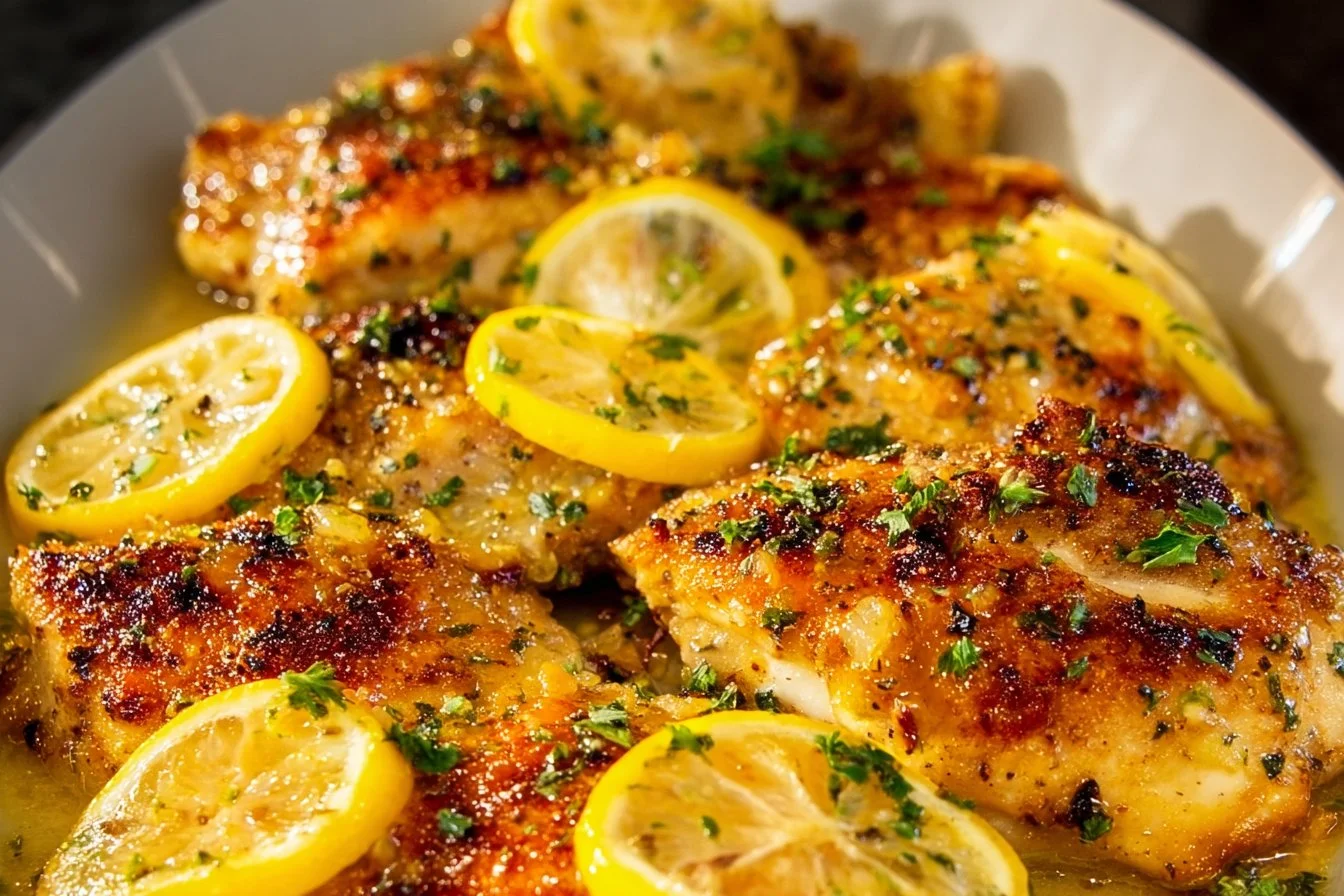 Delicious Lemon Chicken dish garnished with fresh herbs and lemon slices.