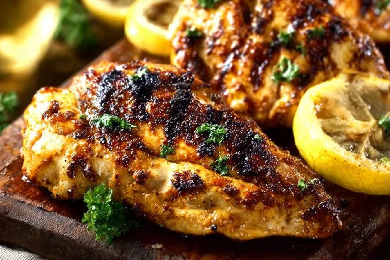 Delicious lemon marinated grilled chicken on a serving plate