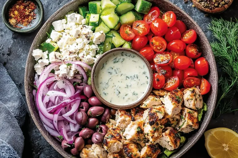 Keto Greek Chicken bowls with fresh vegetables and feta cheese