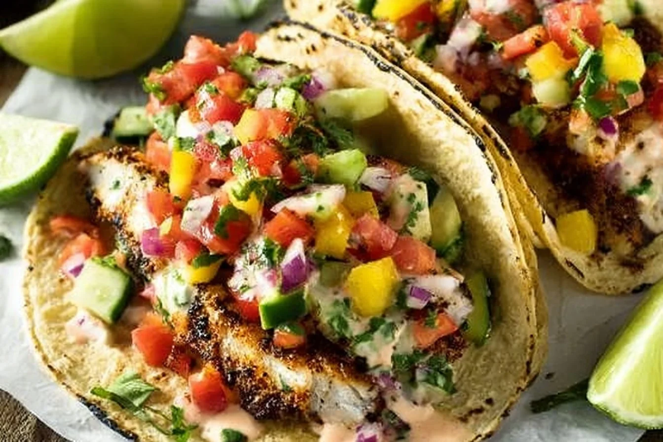 Delicious Mahi Mahi Tacos served with vibrant toppings and garnishes.