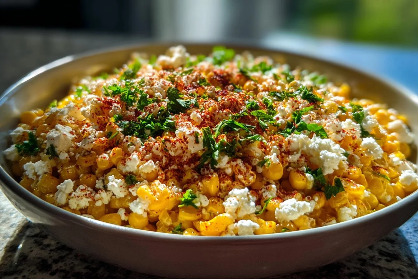 Delicious Mexican street corn salad with fresh ingredients and vibrant colors.