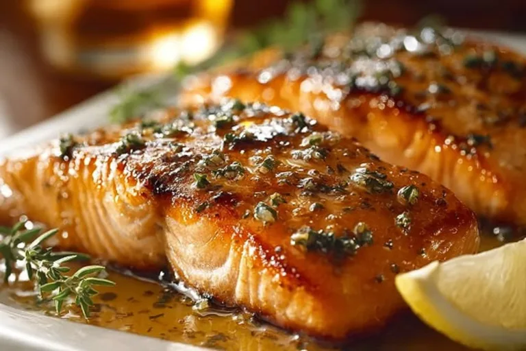 Oven-Baked Texas Roadhouse-Style Salmon served with fresh herbs and lemon.