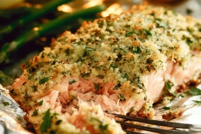 Parmesan Garlic Herb Salmon served with fresh herbs and lemon wedges