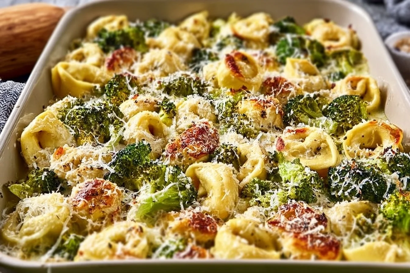 Sheet pan broccoli tortellini bake with fresh vegetables and cheese.