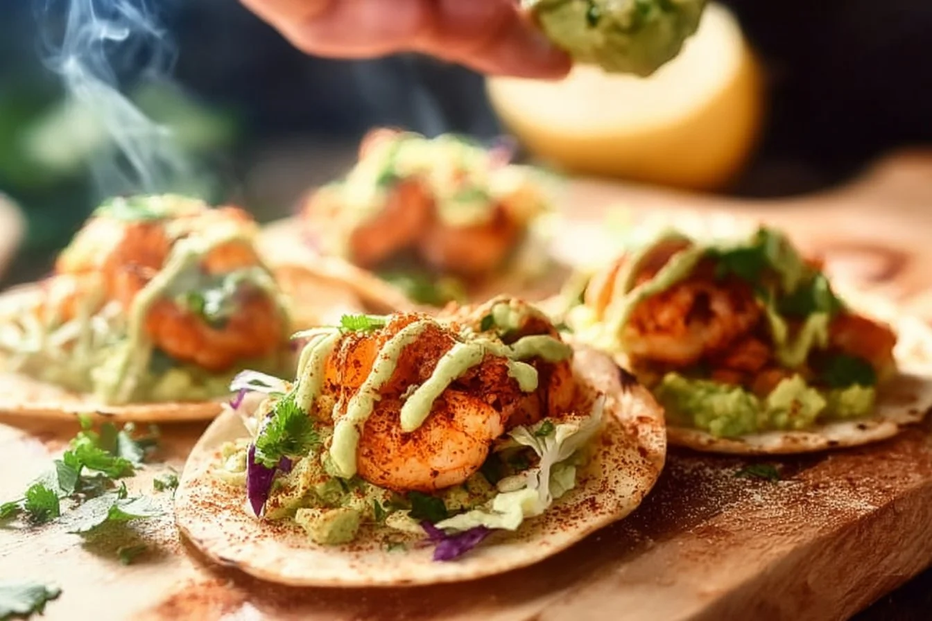 Delicious spicy shrimp tacos topped with fresh ingredients