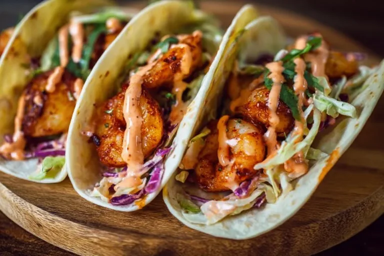 Delicious spicy shrimp tacos served with fresh toppings