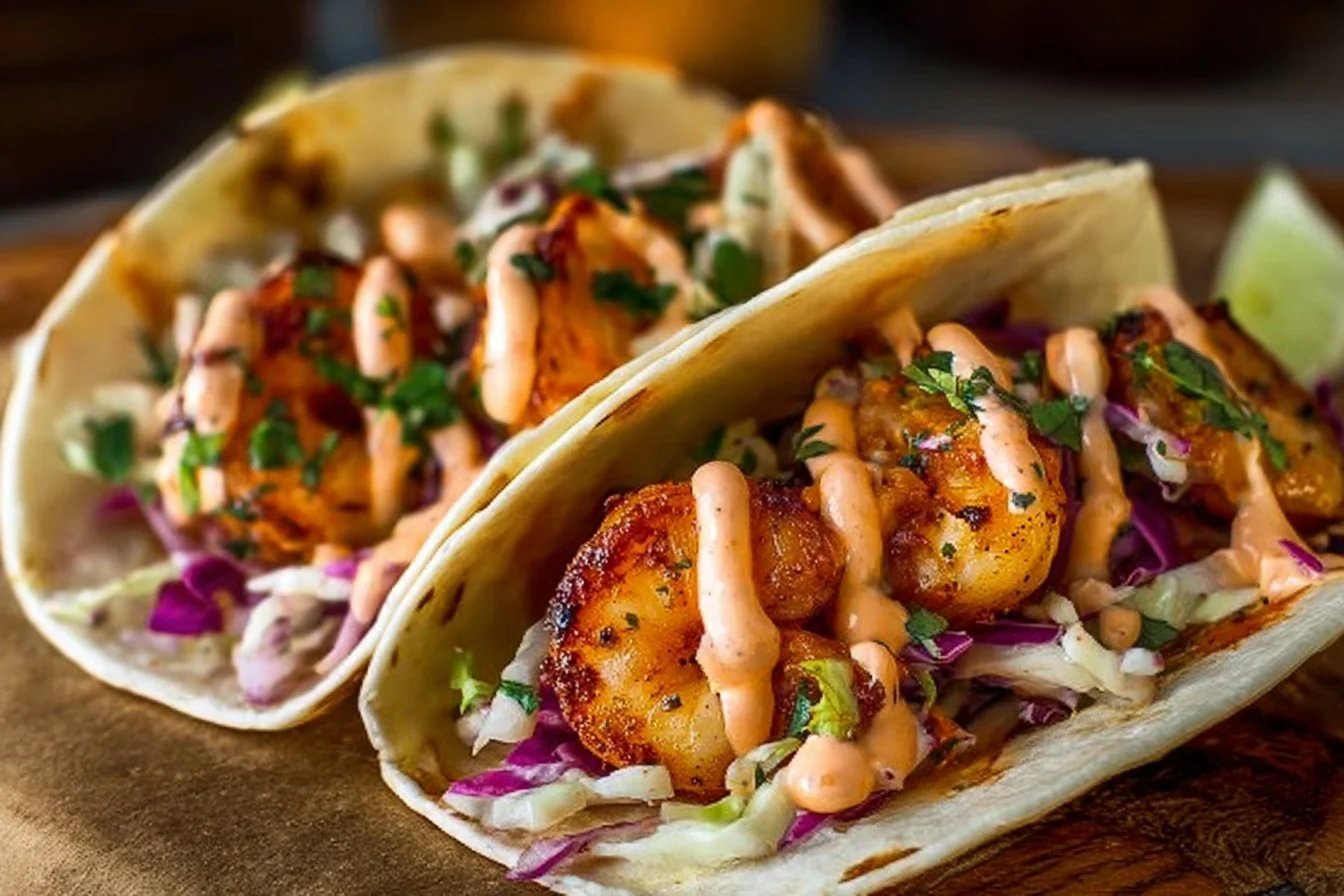Spicy Shrimp Tacos 4 Spicy Shrimp Tacos with Creamy Sriracha Sauce & Cilantro Lime Slaw