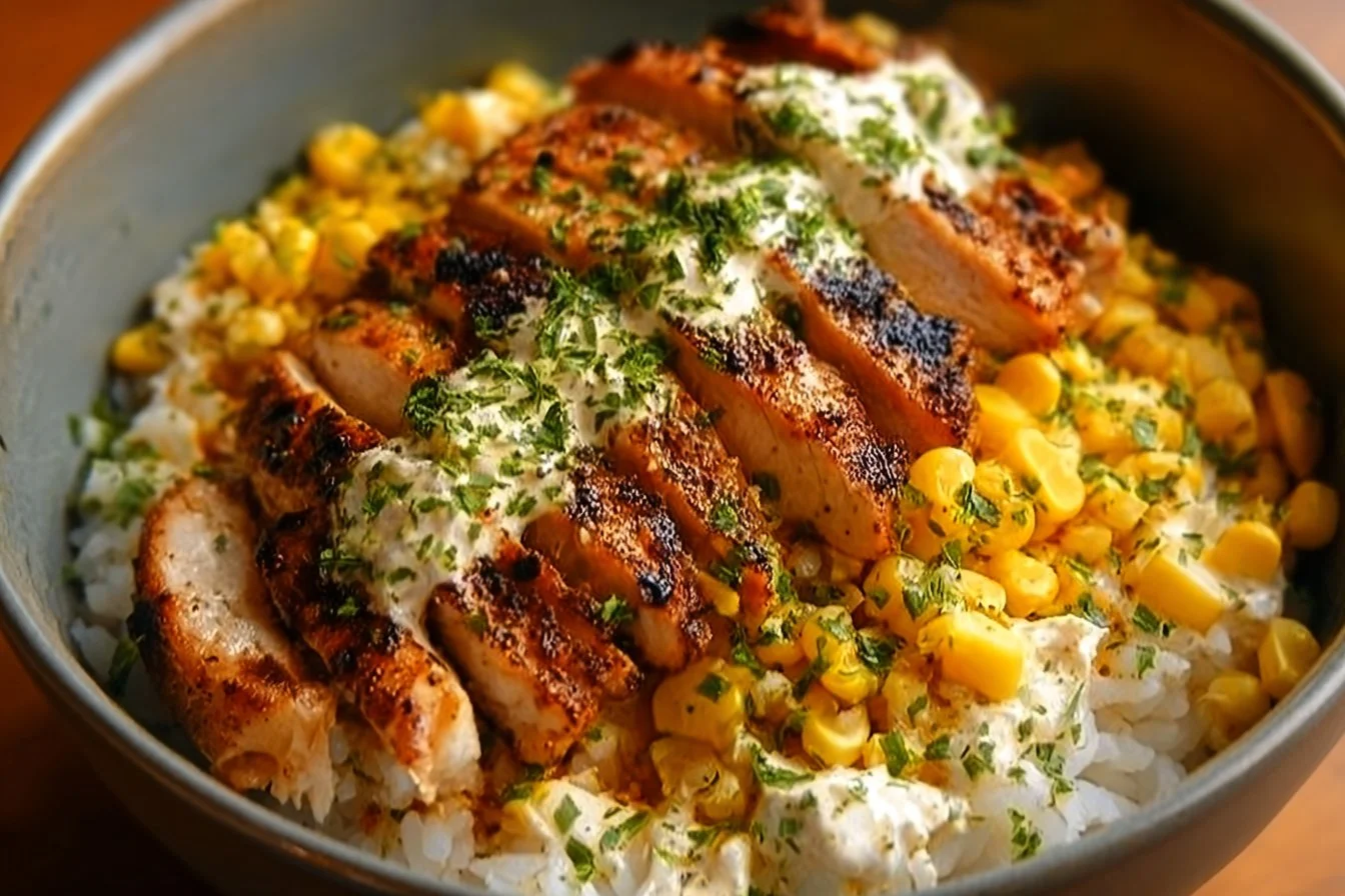 Delicious Street Corn Chicken topped with fresh ingredients and spices.