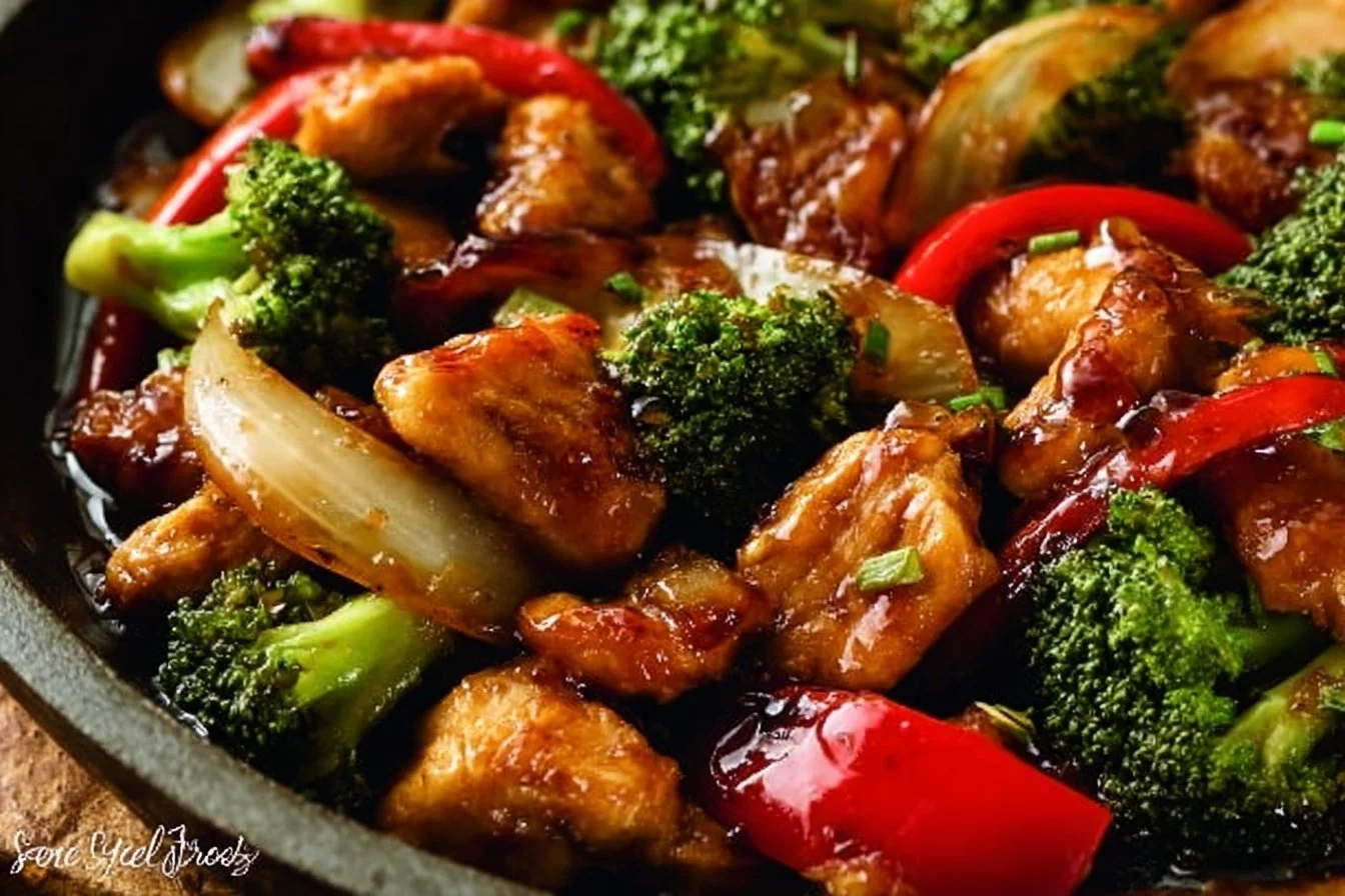 Plate of teriyaki chicken stir fry with fresh vegetables and rice