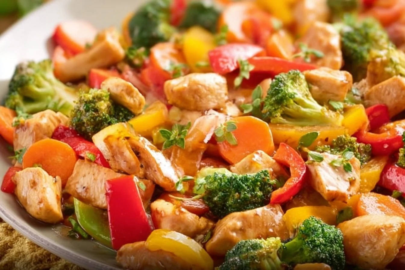 Delicious chicken stir fry with colorful vegetables and savory sauce