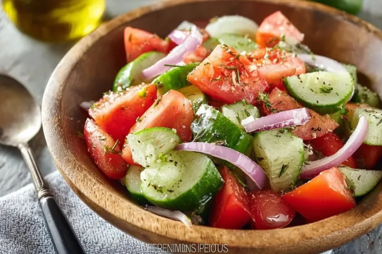 Fresh Tomato and Cucumber Salad in a bowl garnished with herbs