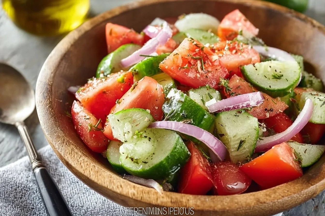 Fresh Tomato and Cucumber Salad in a bowl garnished with herbs