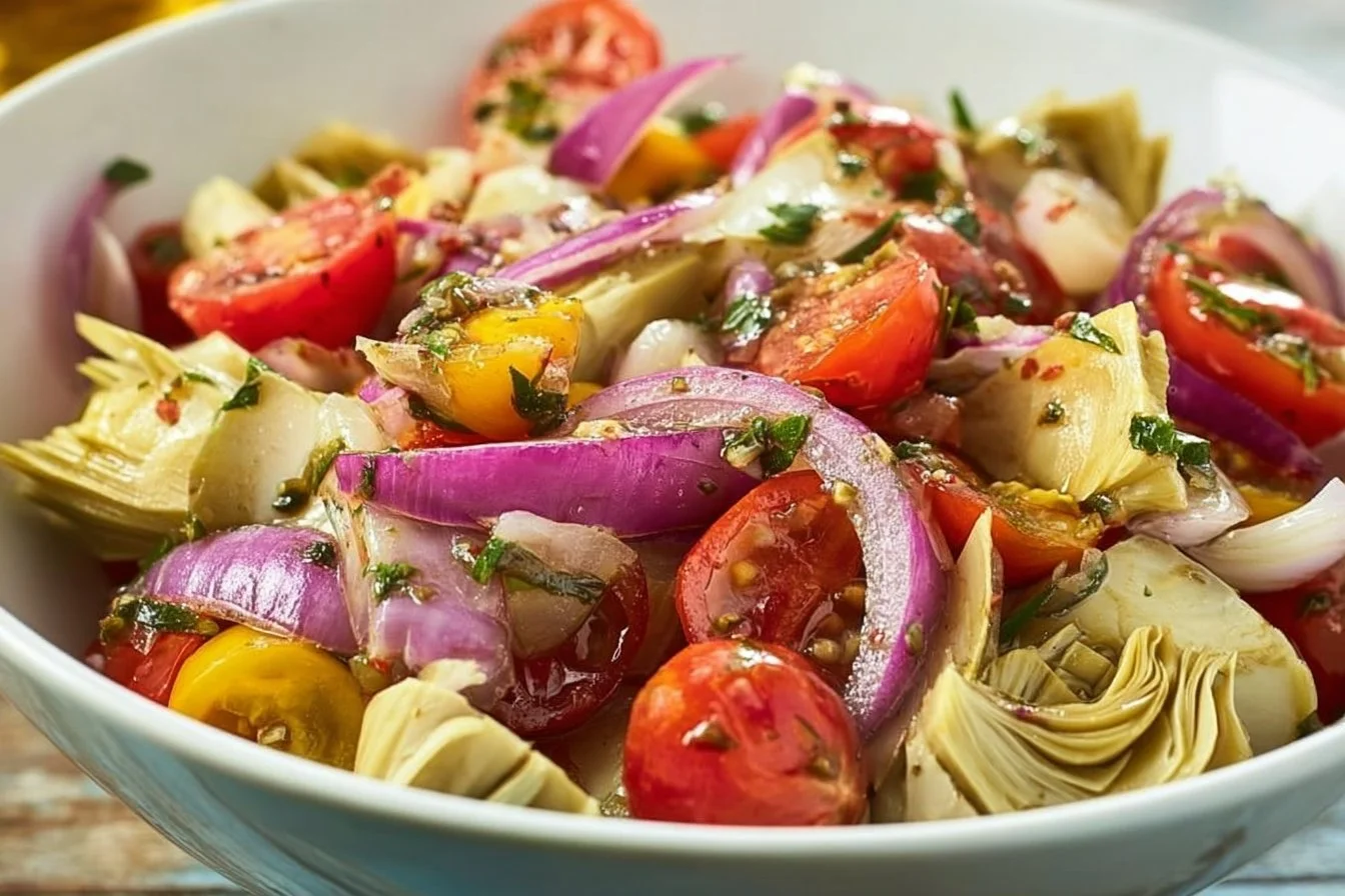 Tuscan artichoke tomato salad with fresh ingredients and vibrant colors